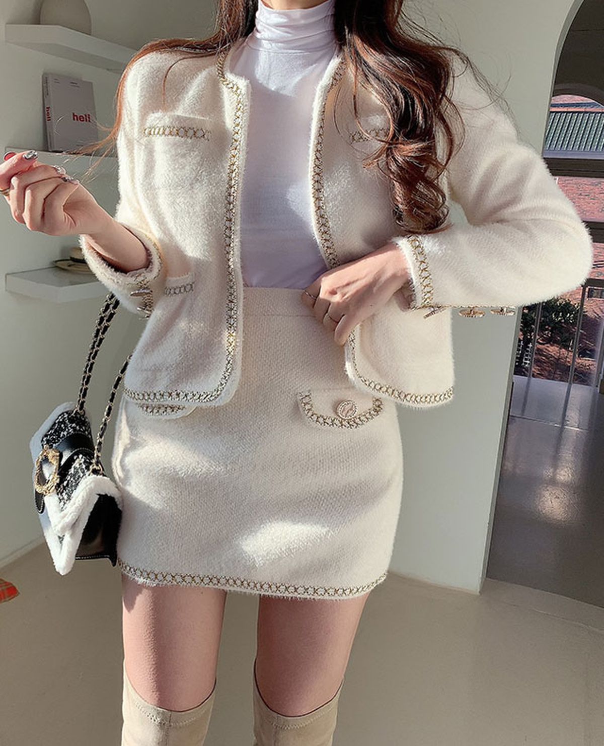 세리 금장라인 앙고라 투피스