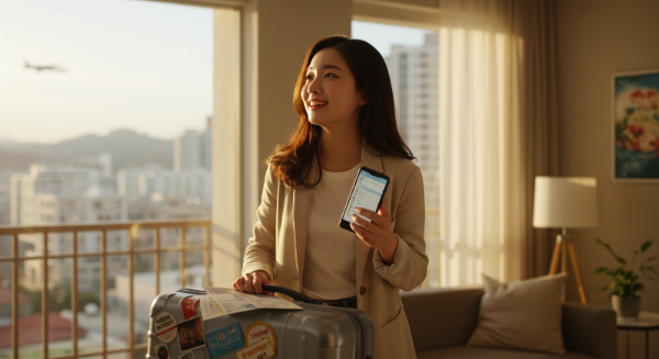 완벽하게 짐을 챙긴 후 여행을 떠날 준비를 마친 젊은 여성