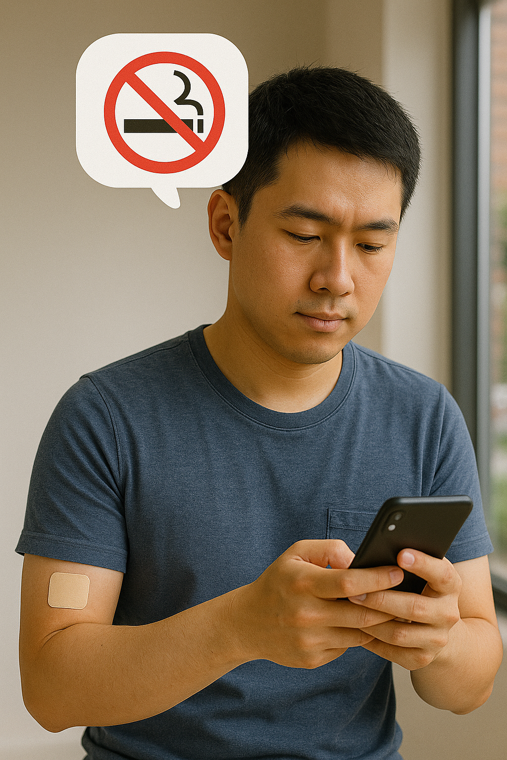 니코틴 패치를 붙이고 금연 방법을 고민하고 있는 청년