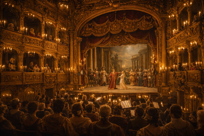 17세기 이탈리아 바로크 오페라 극장의 화려한 내부와 공연 장면