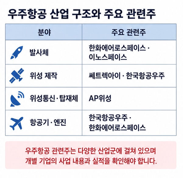 발사체 위성제작 위성통신 항공기 엔진 분야와 한화에어로스페이스 KAI 쎄트렉아이 AP위성 이노스페이스를 비교한 이미지