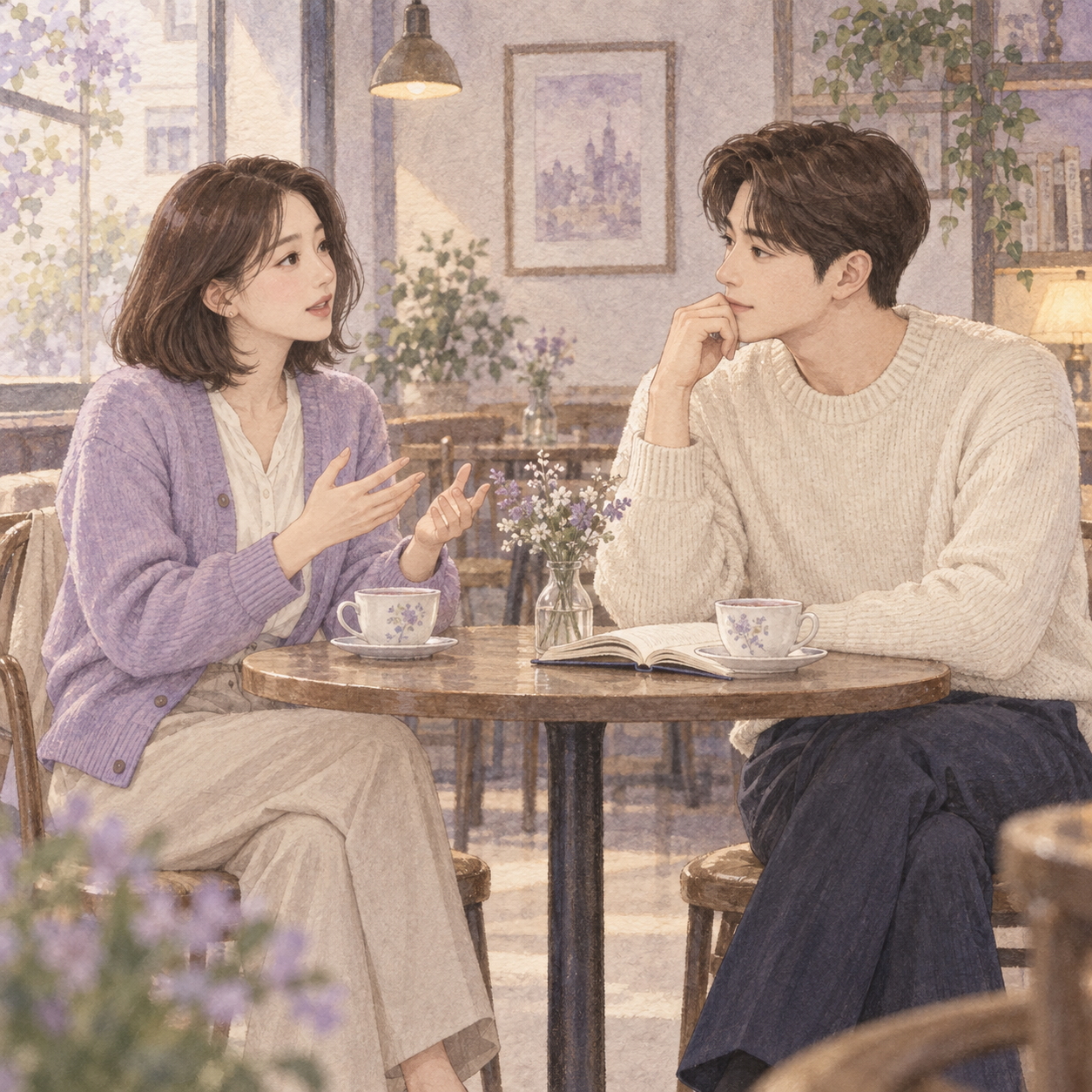 카페에서 나래의 고민을 듣는 현우의 일러스트