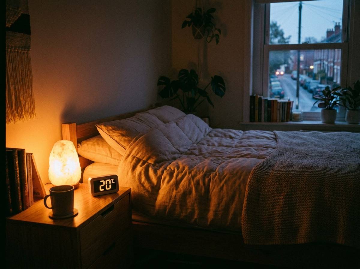 쾌적하고 아늑한 침실 전경, 침대 옆 협탁에 낮은 조명의 무드등과 온도계가 20도를 가리키는 모습