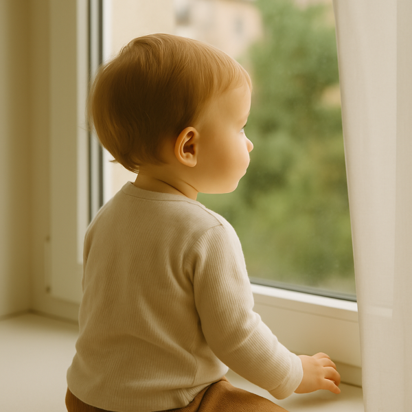 창밖을 바라보며 조용히 앉아 있는 유아, 유아 자폐 스펙트럼 초기 징후를 암시하는 장면