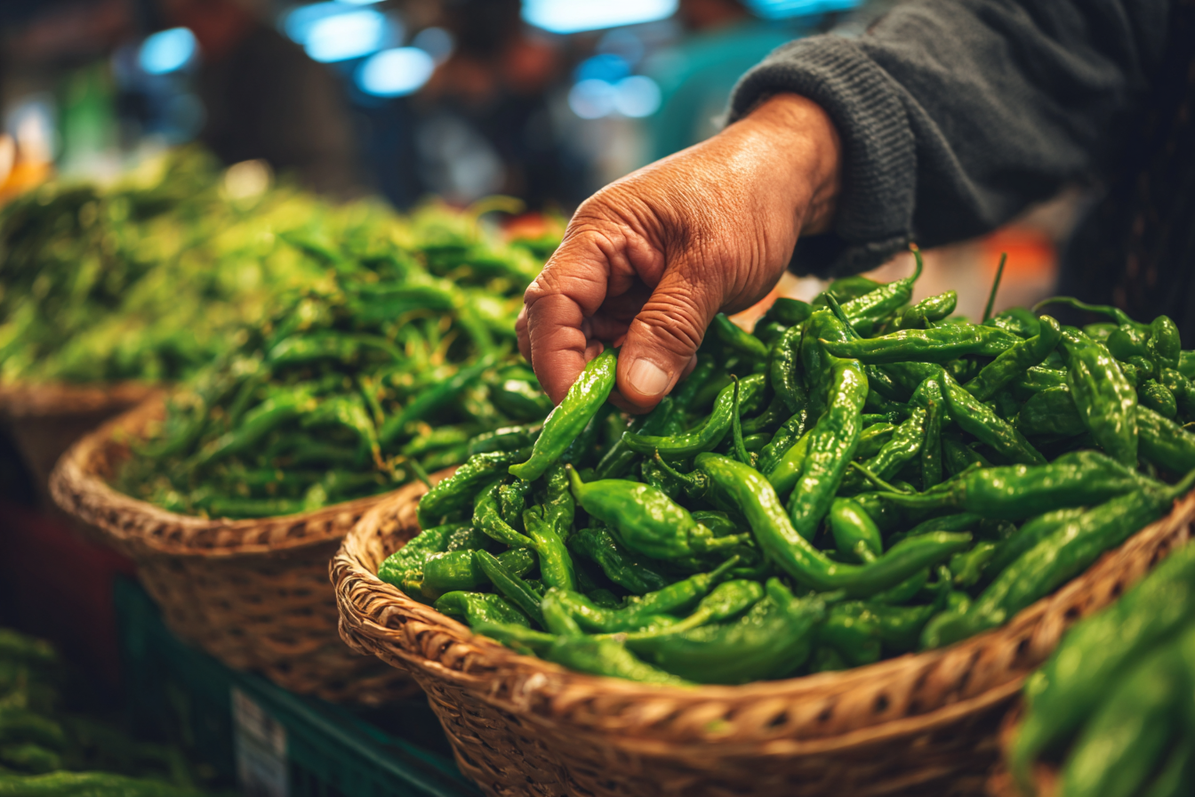 시장에서 바구니에 진열된 꽈리고추를 고르는 손