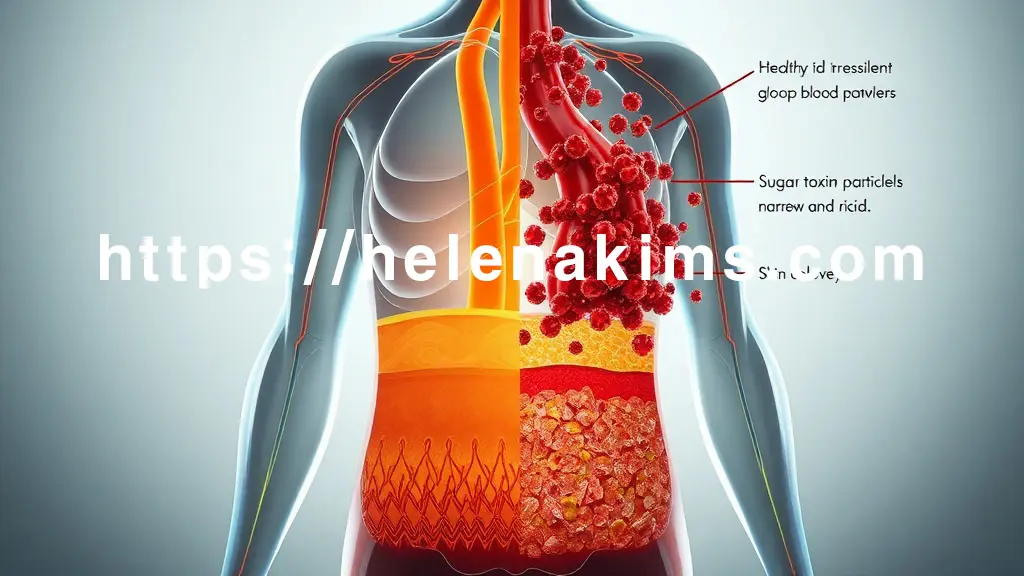 왼쪽 상단에는 깨끗하고 탄력 있는 건강한 혈관의 모습, 오른쪽 부분으로 갈수록 붉고 탁한 당 독소 입자들이 혈관 벽에 끈적하게 달라붙어 혈관을 좁고 딱딱하게 만드는 과정이 선명하게 표현한 이미지.