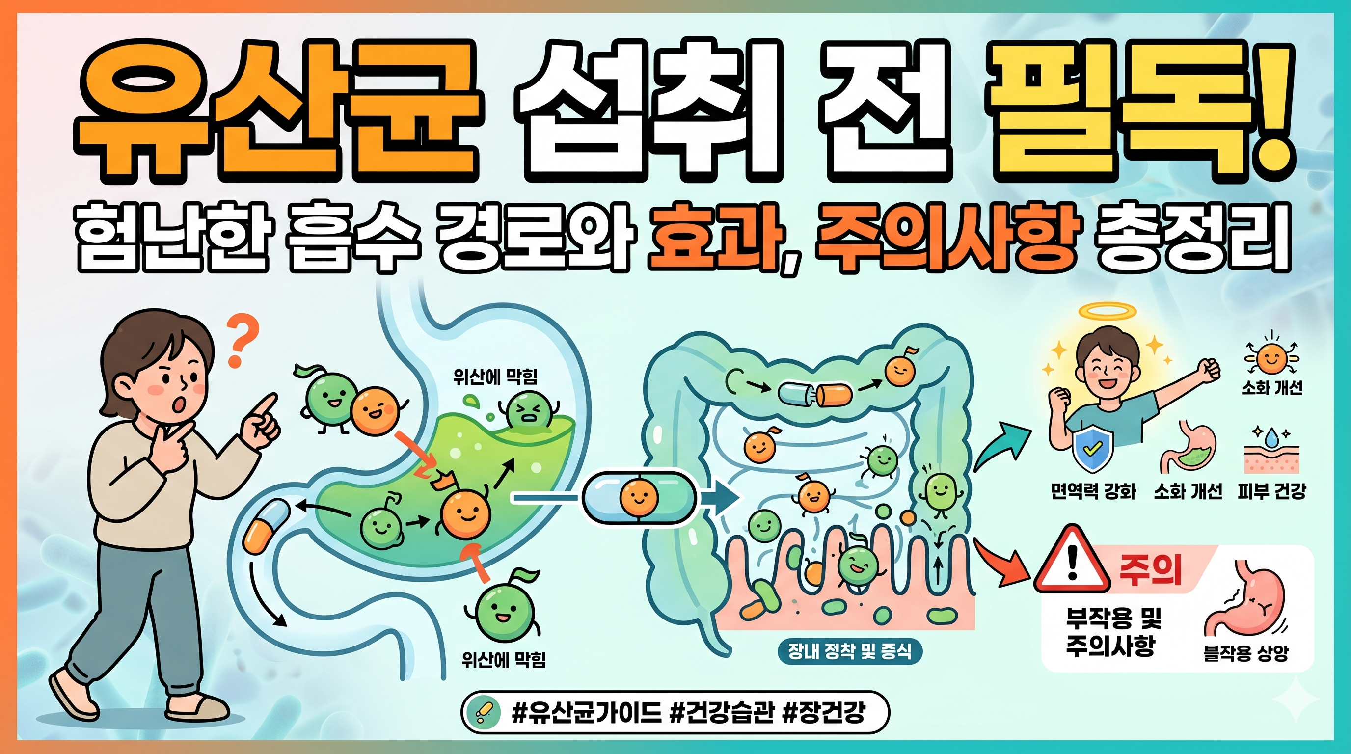 유산균의 섭취시 주의사항과 효과 등을 암시하는 섬네일 이미지