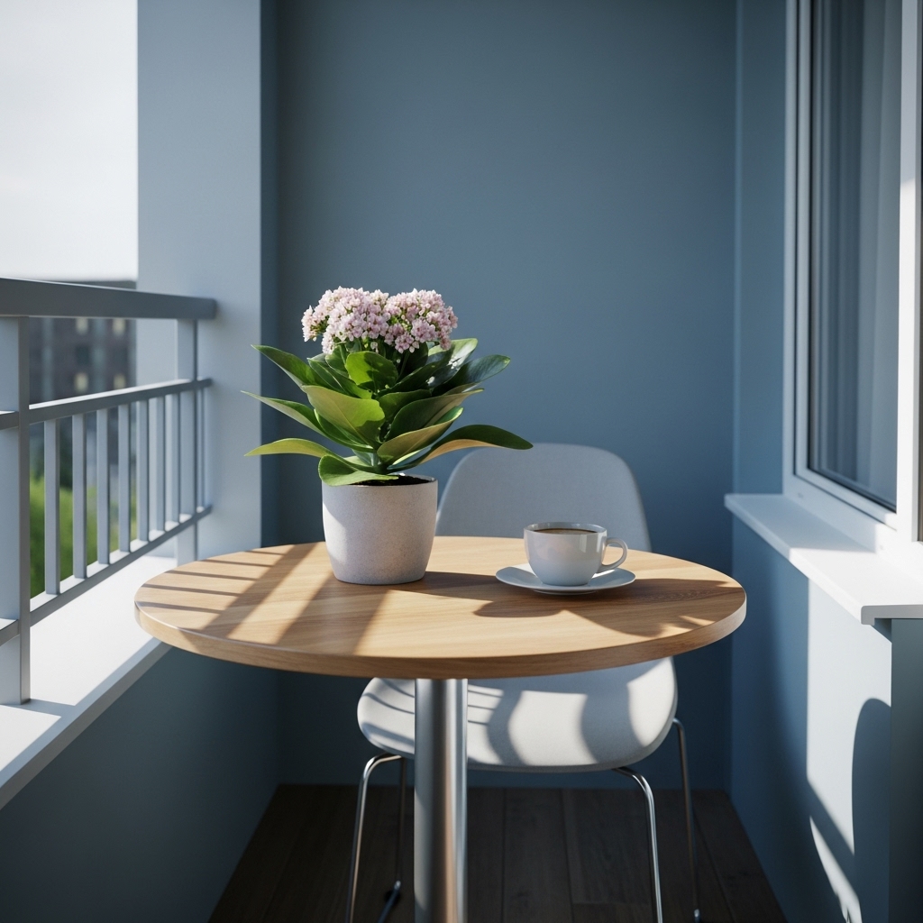 햇살 가득한 베란다에 꾸며진 아늑하고 세련된 홈카페, 작은 원형 테이블과 커피잔, 화분이 놓여있고 편안한 의자가 배치된 모습
