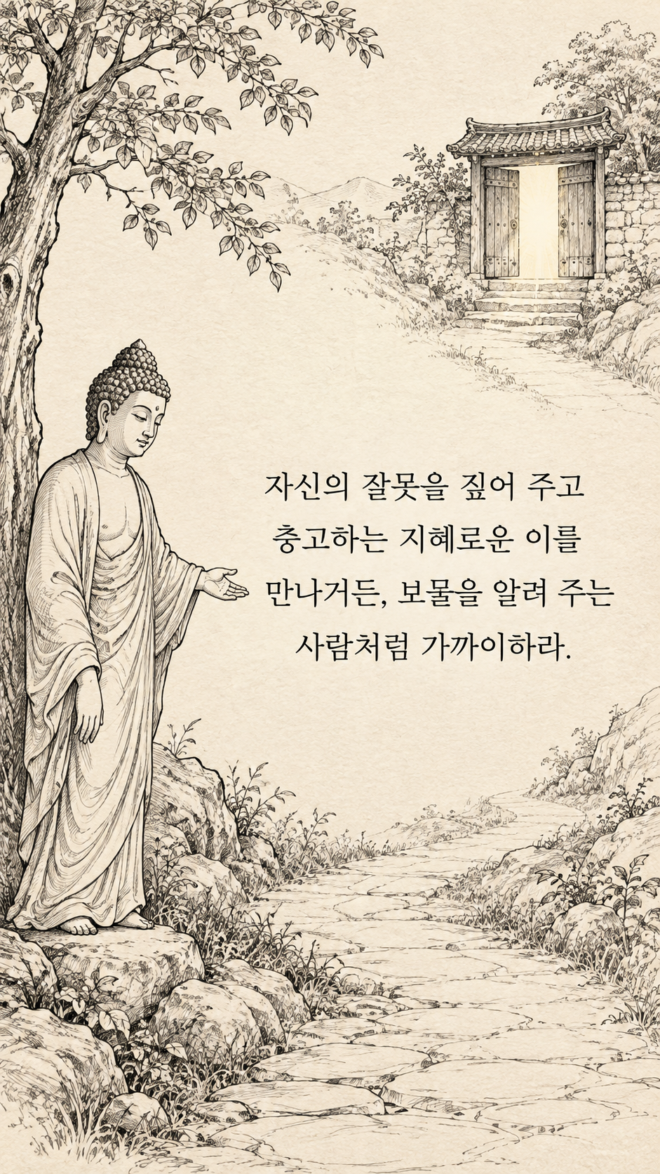 잘못을 짚어 주는 벗 — 종이 질감에 깔끔한 펜선 명언 삽화