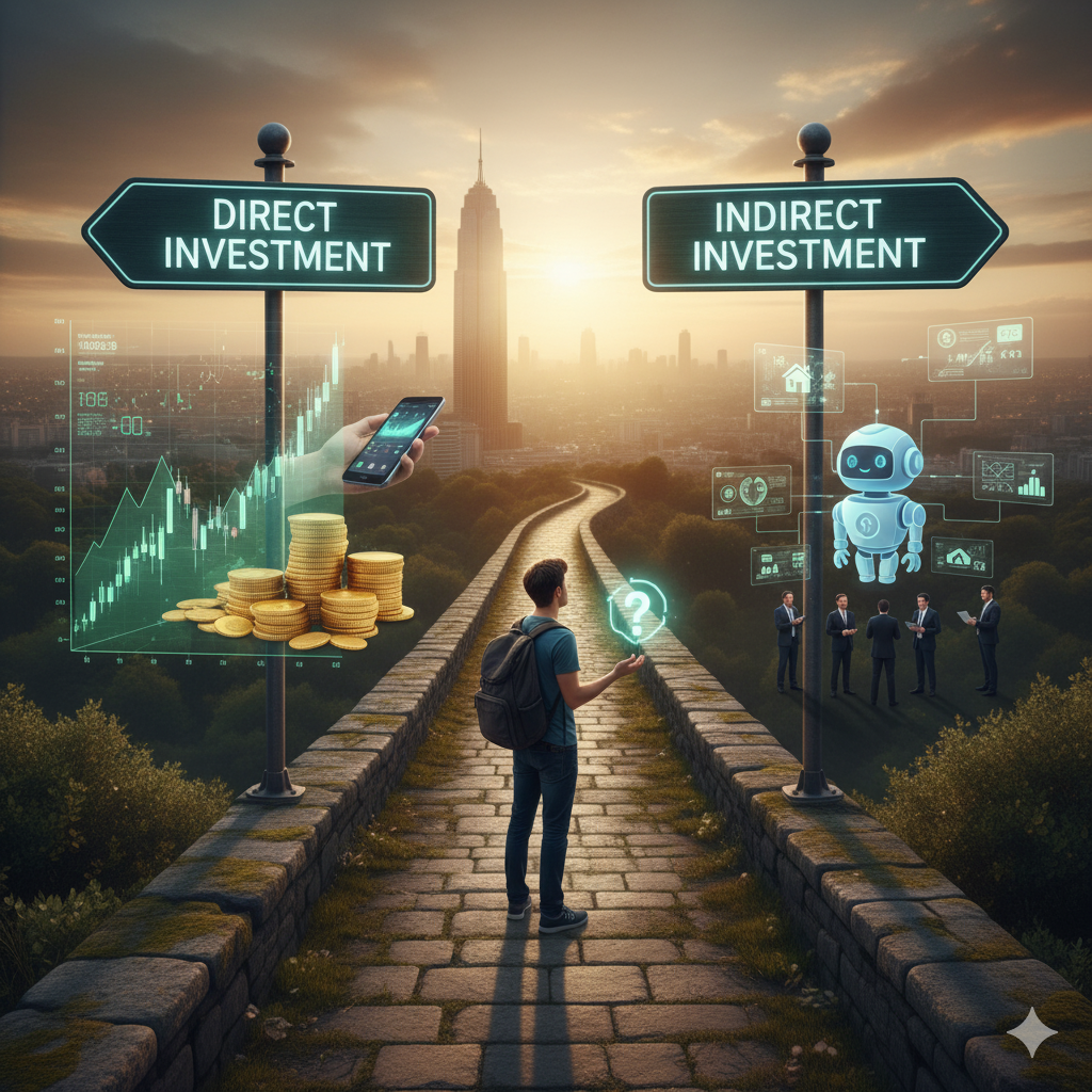 재테크 선택의 갈림길에서 한 투자자가 서서 고민하는 모습. 한쪽에는 주식 성장 차트가, 다른 한쪽에는 부동산 안정성 표지판이 있다