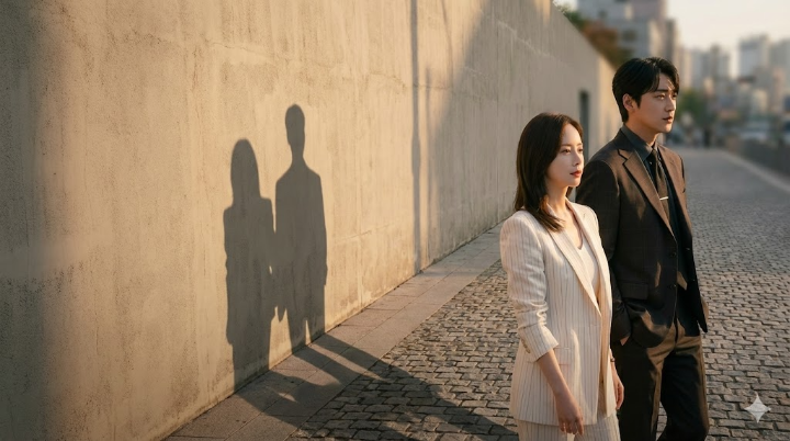 지윤과 은호가 서로 다른 곳을 보지만, 그림자는 하나로 이어져 있다.