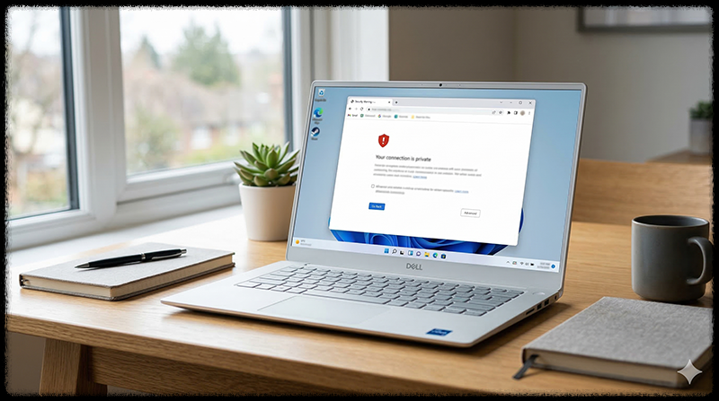 브라우저에서 보안 경고 페이지를 확인하는 모습