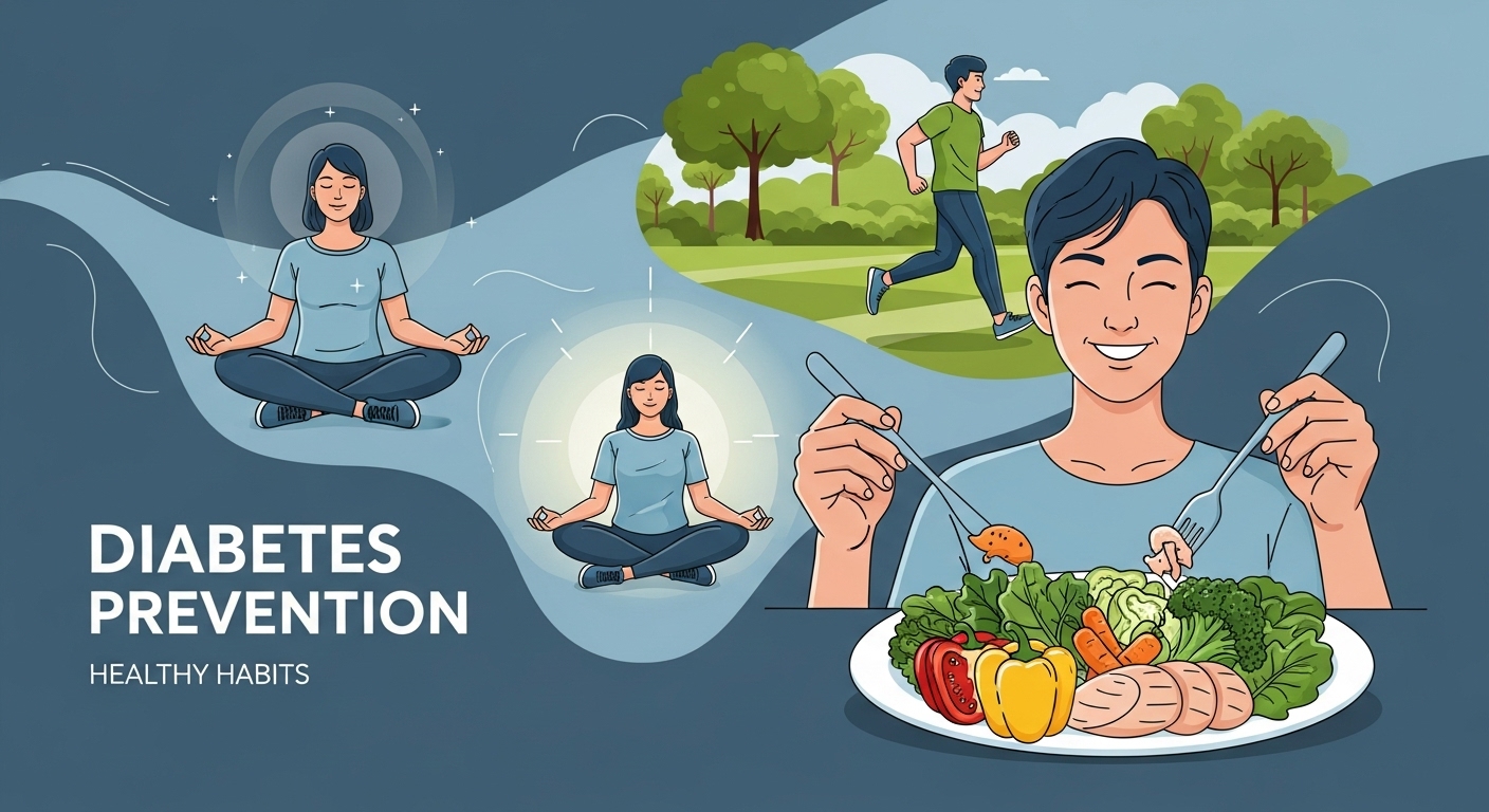 건강한 식단, 규칙적인 운동, 스트레스 관리 등 당뇨 예방을 위한 생활 습관 개선을 상징하는 이미지