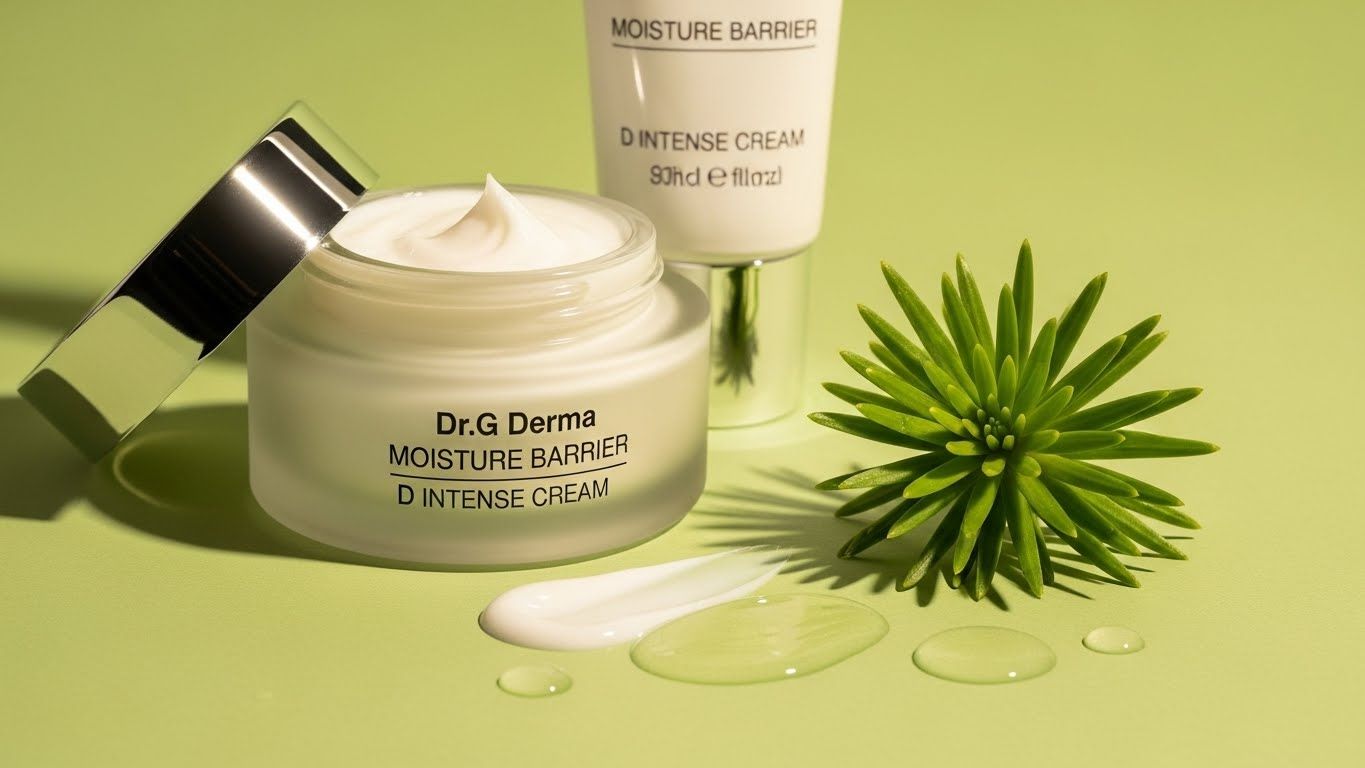 닥터지 더마 모이스처 배리어 D 인텐스 크림 병과 튜브를 연두색의 미적 배경 위에 클로즈업한 웜톤 스튜디오 샷입니다.