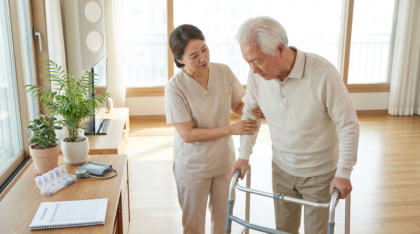 가정에서 요양보호사의 도움을 받아 보행 보조기구를 이용하고 있는 어르신의 모습