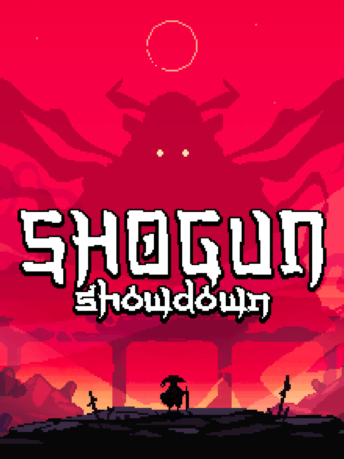 붉은 픽셀 배경과 SHOGUN showdown 로고가 있는 쇼군 쇼다운 공식 대표 이미지