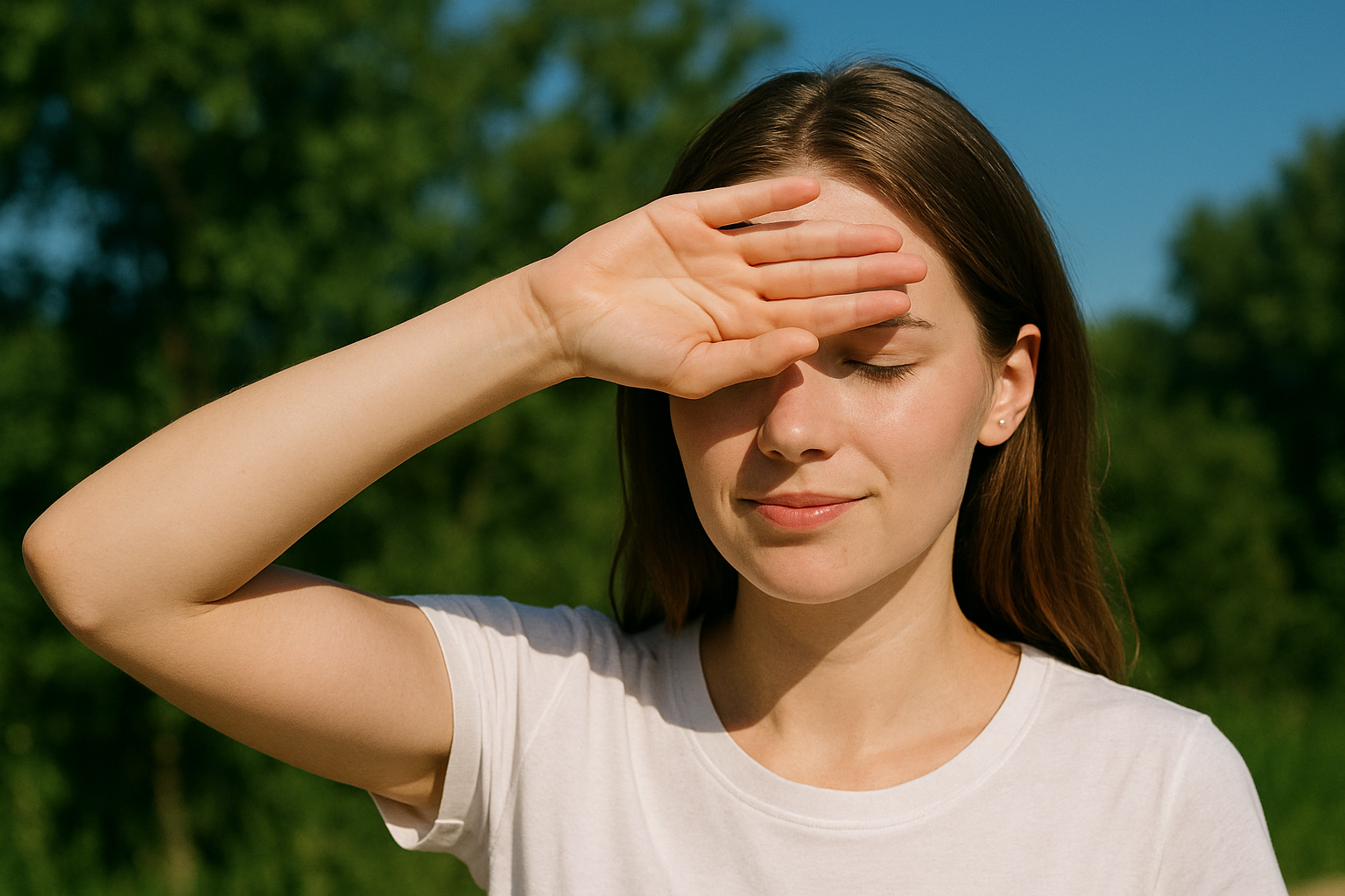 여성이 야외에서 햇빛을 손으로 가리고 있는 모습