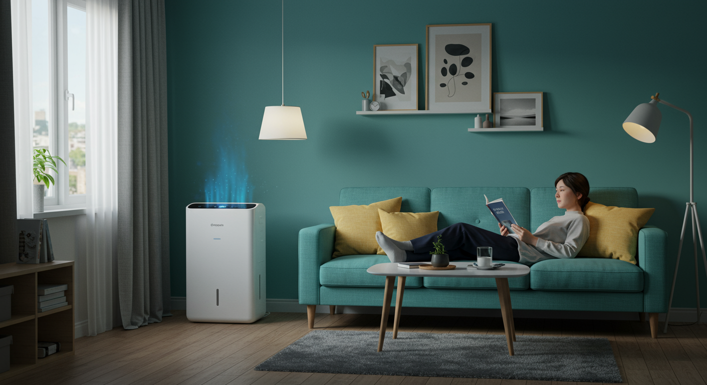 원룸 코너에 놓인 모던한 저소음 제습기가 쾌적하고 조용한 실내 환경을 조성하며 한 사람이 편안하게 책을 읽고 있는 모습.