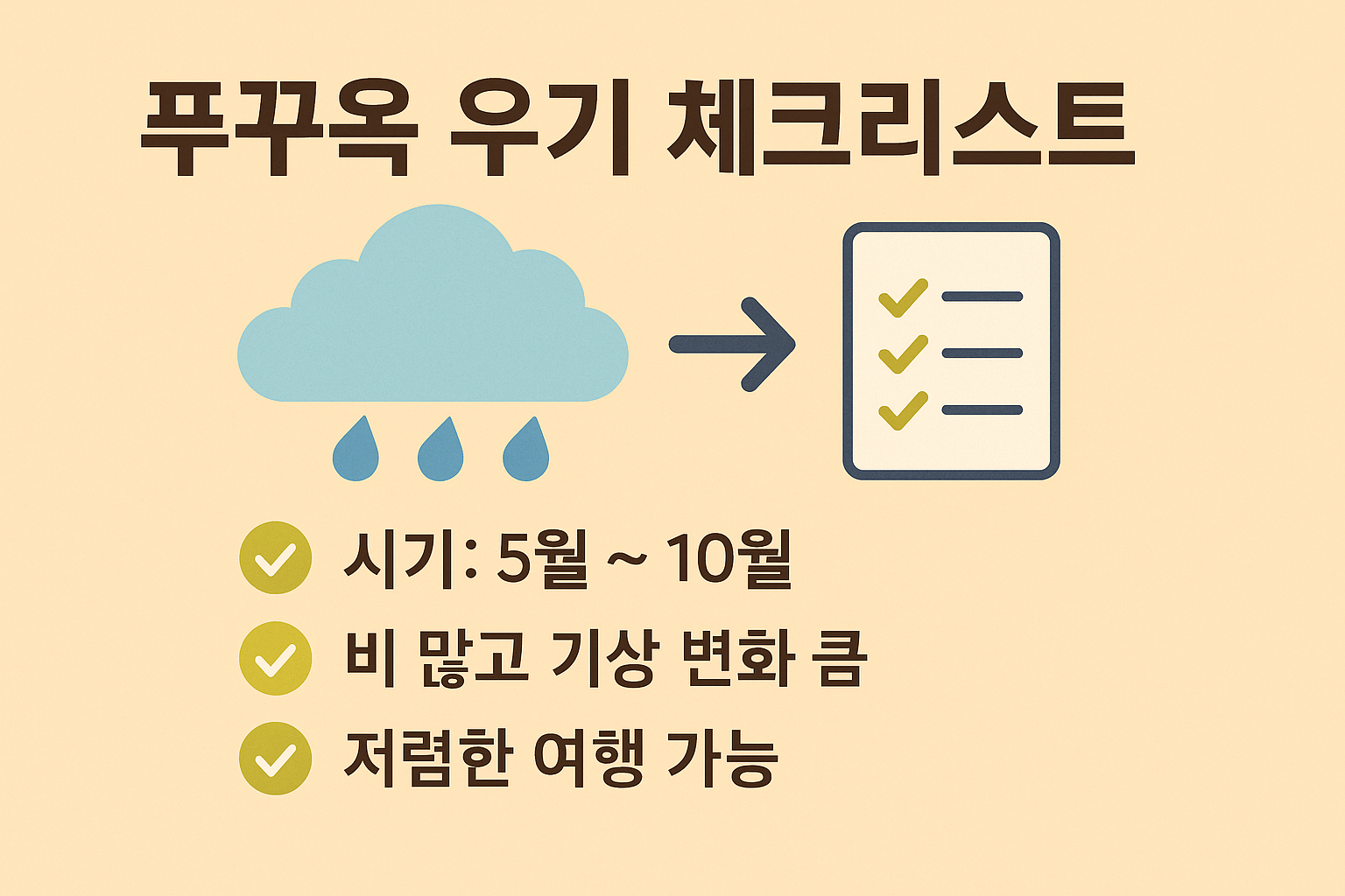 푸꾸옥 우기 시기인 5월부터 10월까지의 특징과 준비사항, 저렴한 여행의 장점을 시각적으로 정리한 인포그래픽입니다
