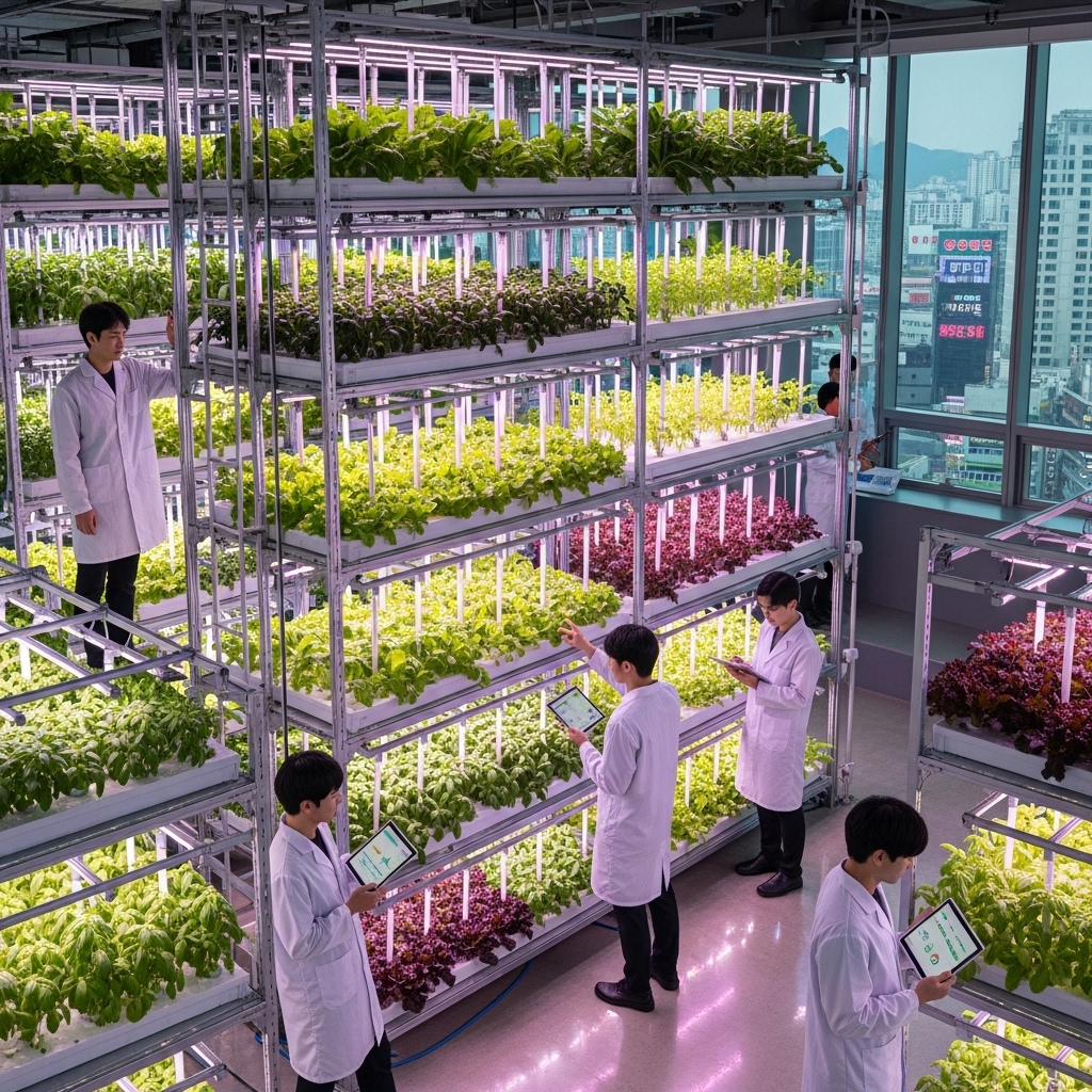 a modern indoor vertical farm in a high-rise building located