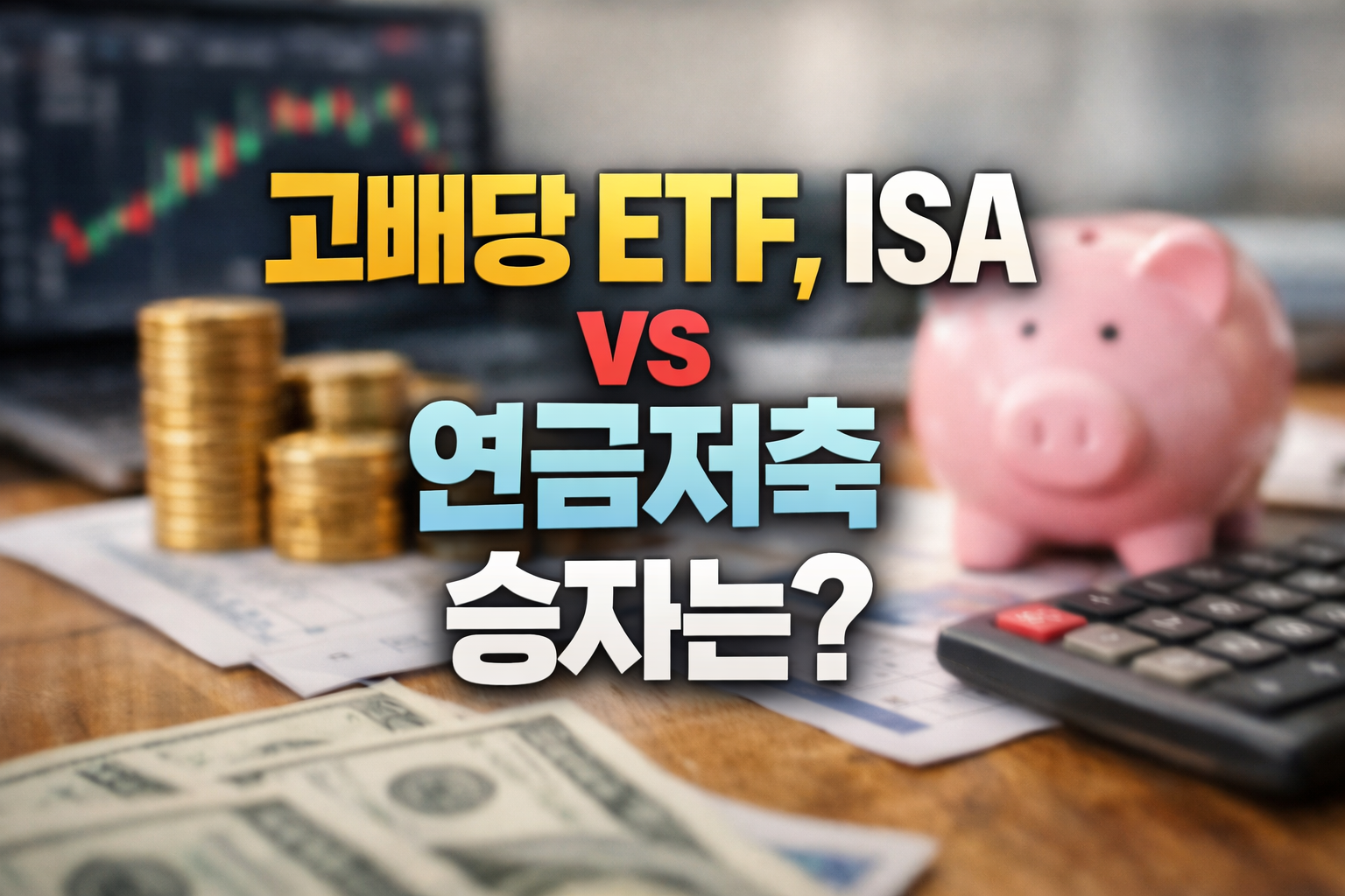 고배당 ETF 투자 시 ISA 계좌와 연금저축 비교를 나타내는 돼지저금통, 동전, 계산기, 차트 일러스트
