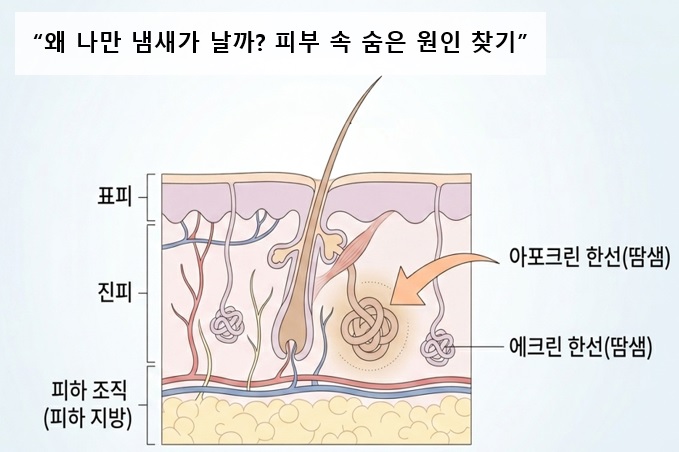 액취증의 원인이 되는 아포크린 땀샘의 위치를 보여주는 겨드랑이 피부 단면 일러스트레이션