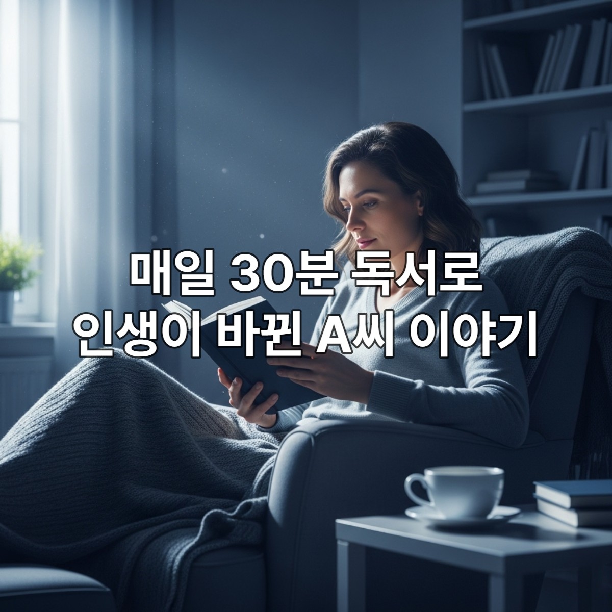 따뜻한 햇살이 비치는 아늑한 거실에서 30대 후반의 여성이 만족스러운 표정으로 책을 읽고 있는 모습. 책, 차분함, 지적 성장을 상징합니다.