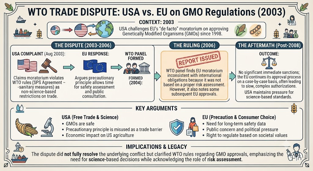 2003년 미국&middot;캐나다&middot;아르헨티나의 EU WTO 제소 사건을 다룬 인포그래픽입니다. 법원 저울 양쪽에 각각 '미국의 공정 무역장벽 철폐 요구'와 '유럽의 사전예방원칙 및 주권'을 상징하는 아이콘을 올리고, WTO 패널의 판정서와 함께 무역 규칙이 사회적 가치관을 통제하지 못한 역설적 국면을 시각화했습니다.