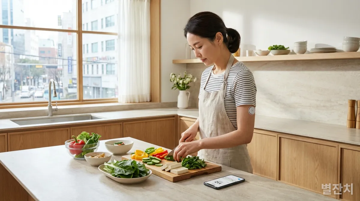 개인 맞춤형 식단을 준비하는 한국 여성과 혈당 측정기