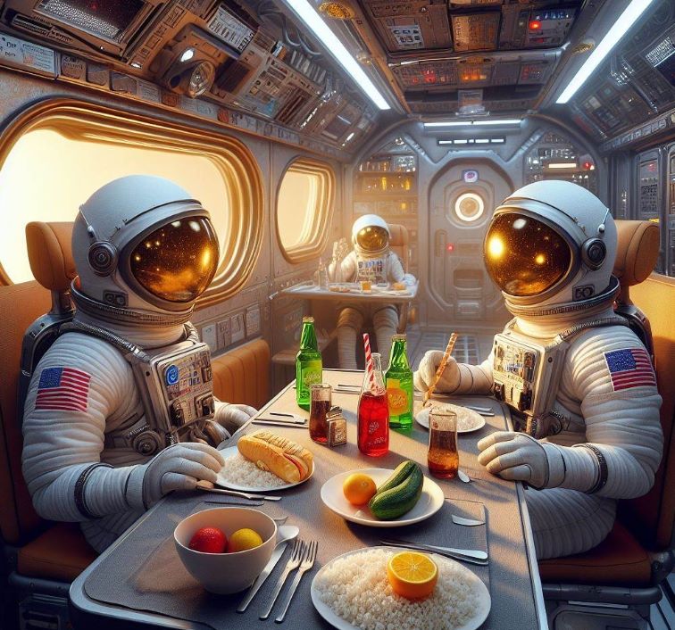 우주선에서 식사하는 모습