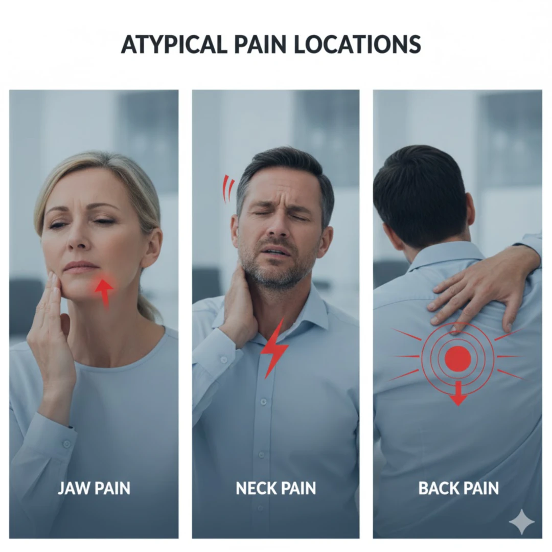 세 개의 분할된 이미지로 구성됩니다. 각 분할 이미지에는 턱&amp;#44; 목&amp;#44; 등의 통증을 각각 느끼는 사람의 모습이 담겨 있습니다. 턱을 만지거나 목을 돌리며 불편함을 느끼는 모습&amp;#44; 또는 등을 만지는 모습입니다. 각 통증 부위를 강조하는 화살표나 작은 아이콘을 추가하여 정보를 명확히 전달합니다.