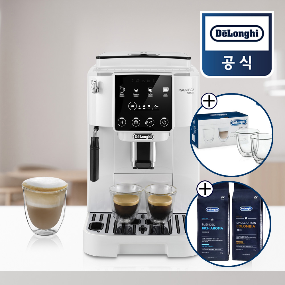 카푸치노잔+원두 증정 드롱기 전자동 커피머신 롱 화이트 KRECAM220.20.W, KRECAM220.20.