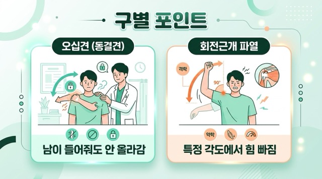 십견 회전근개파열 어깨 굳음 힘 빠짐 야간통 차이