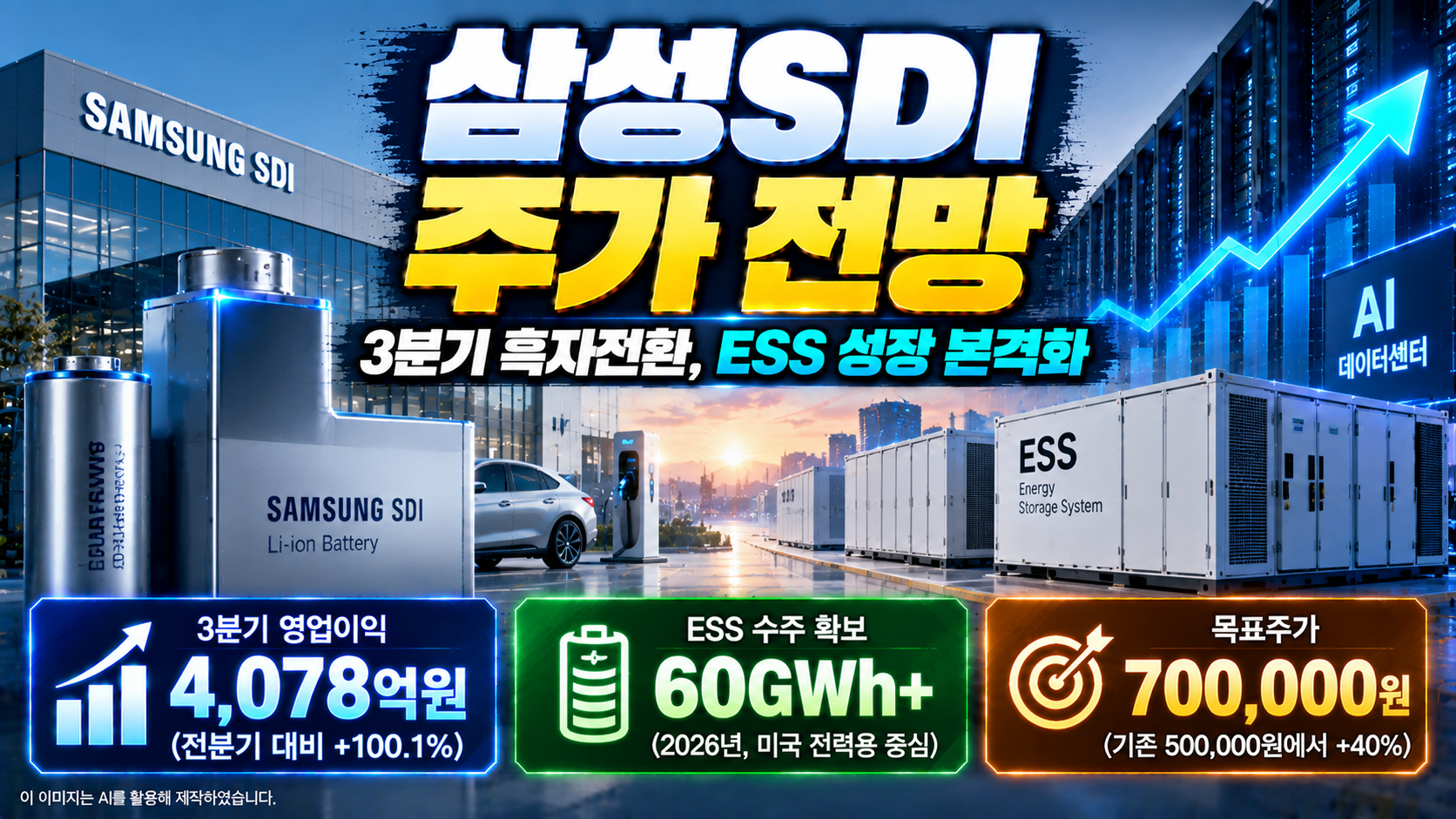 삼성SDI(006400) 주가 전망 및 기업분석, 2026년 3분기 영업이익 4,078억 원 기록, ESS 수주 60GWh 이상 확보, AI 데이터센터용 배터리 성장 기대와 유진투자증권 목표주가 700,000원 상향 분석