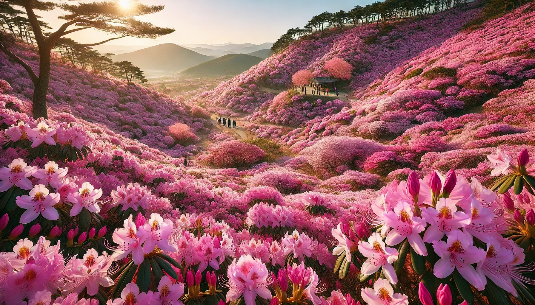 진달래 (Rhododendron mucronulatum)로 뒤덮인 언덕의 아름다운 풍경. 꽃은 활짝 핀 분홍색이며, 하늘은 맑고 푸르르며, 햇살이 따뜻하게 비추고 있습니다. 몇몇 사람들이 멀리서 꽃을 감상하고 사진을 찍고 있는 모습이 보입니다. 전체적인 분위기는 고요하고 그림 같은 한국의 봄을 보여줍니다.