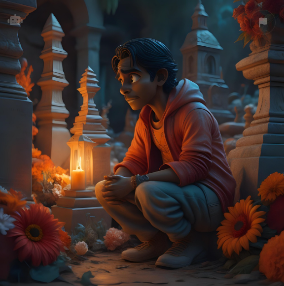 꽃과 촛불이 놓인 무덤 앞에 앉아 고인을 추모하는 소년, 죽은 자의 날을 배경으로 한 감성적인 장면