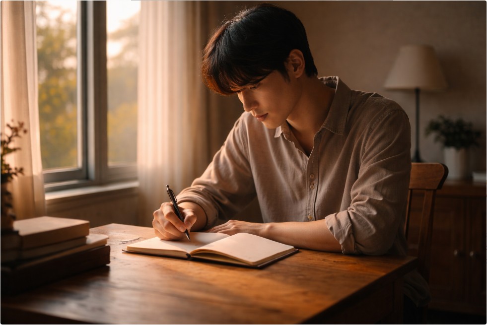 조용한 방 안에서 노트에 무언가를 적으며 생각을 정리하는 사람