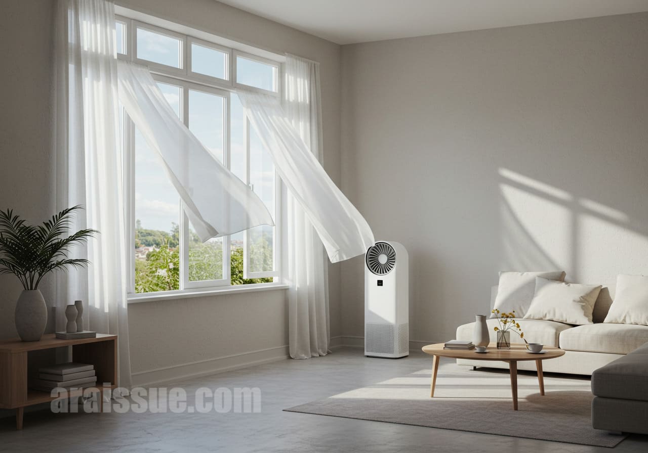 깨끗한 거실에 통풍을 위한 창문이 열려 있고, 순면 커튼과 공기청정기가 구석에 놓여 있어 아토피 피부 자극을 줄이기 위한 환경이 표현됩니다.
