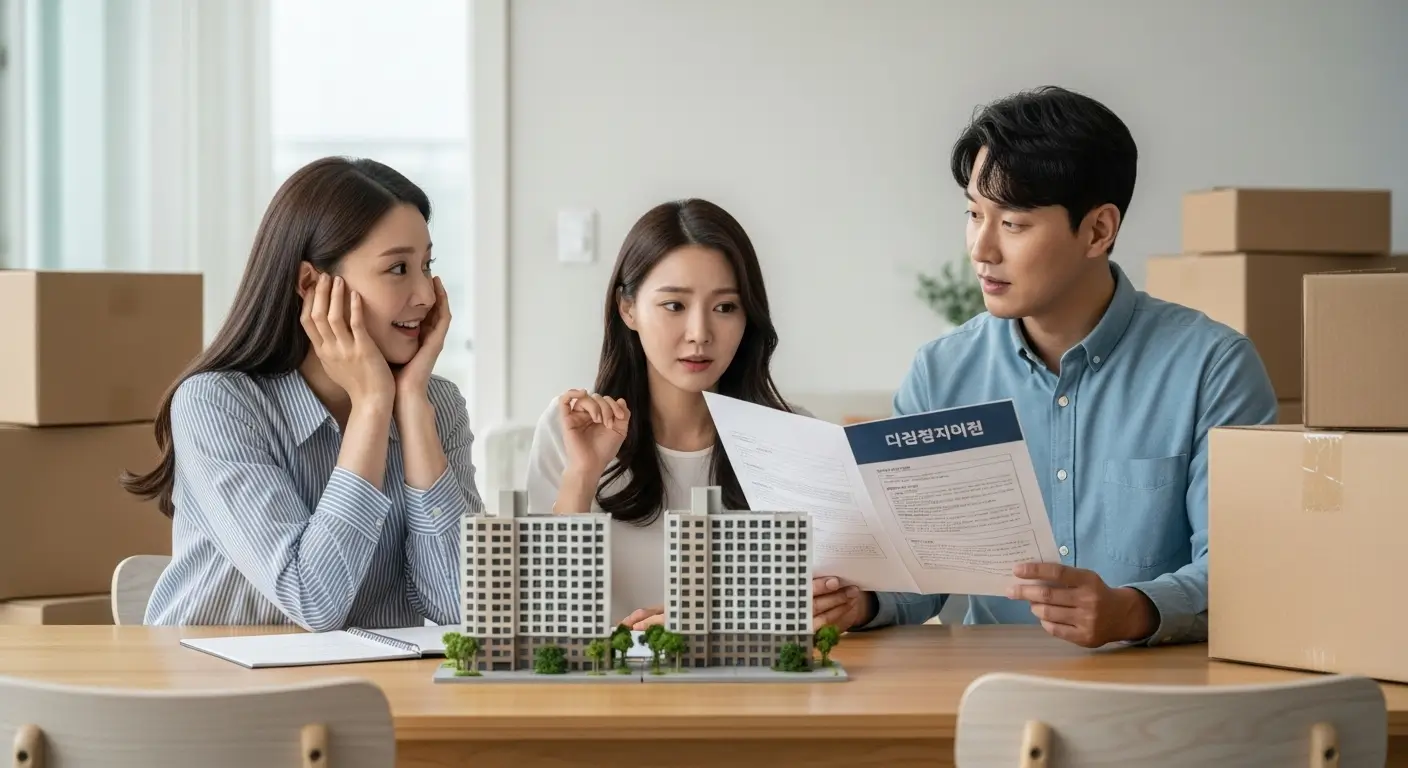 기존 집과 새 집 모형 사이에서 '처분 서약서'를 보며 일시적 2주택 대출을 고민하는 한국인 부부