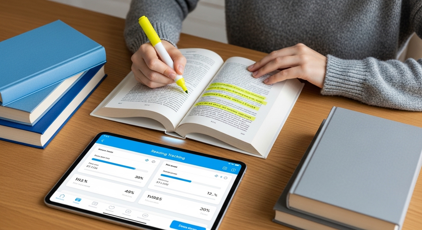책에 중요한 부분을 밑줄 치며 적극적으로 독서하는 모습과 독서 기록앱이 보이는 책상