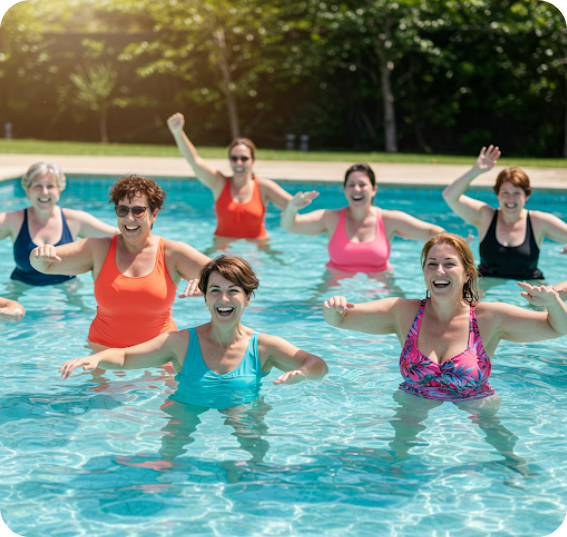 중년여성들이 아쿠아로빅을 하며 신나게 웃는 모습