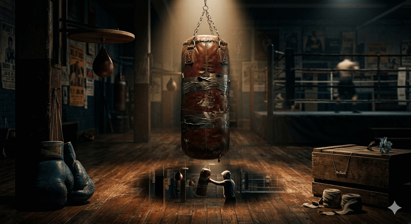 어두운 복싱 체육관 중앙, 영화 밀리언 달러 베이비 속 주인공 매기의 투혼을 상징하듯 낡은 샌드백이 핀 조명을 받고 있는 이미지