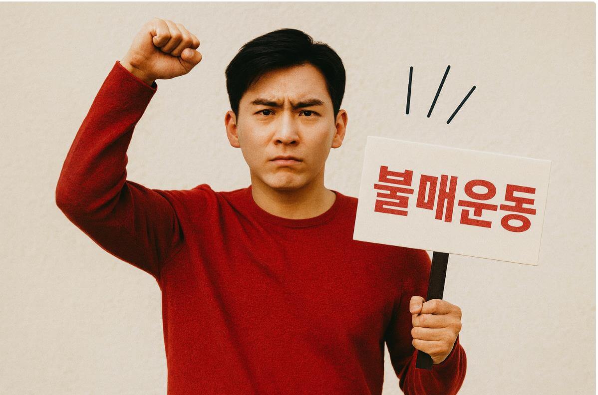 불매운동 피켓을 든 한국 남성의 항의 시위 장면