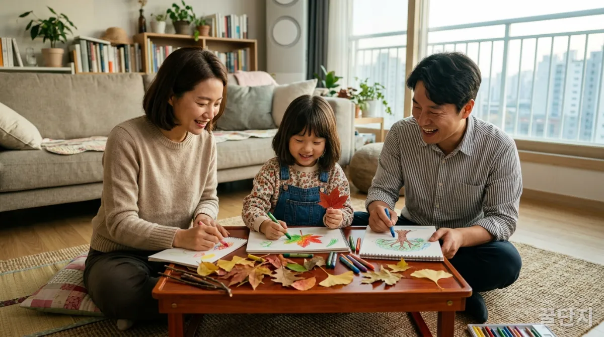 한국 가족이 집에서 자연물로 놀이 교육하는 모습