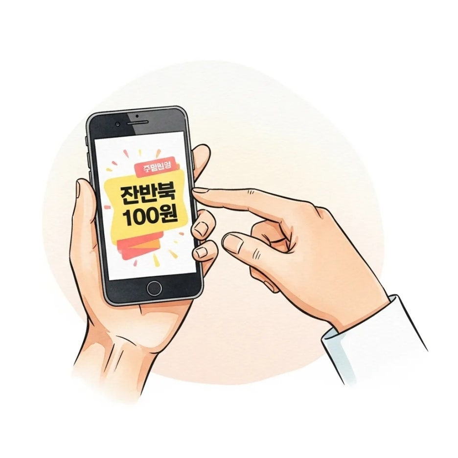 배민 100원딜 이벤트 화면을 보여주는 손