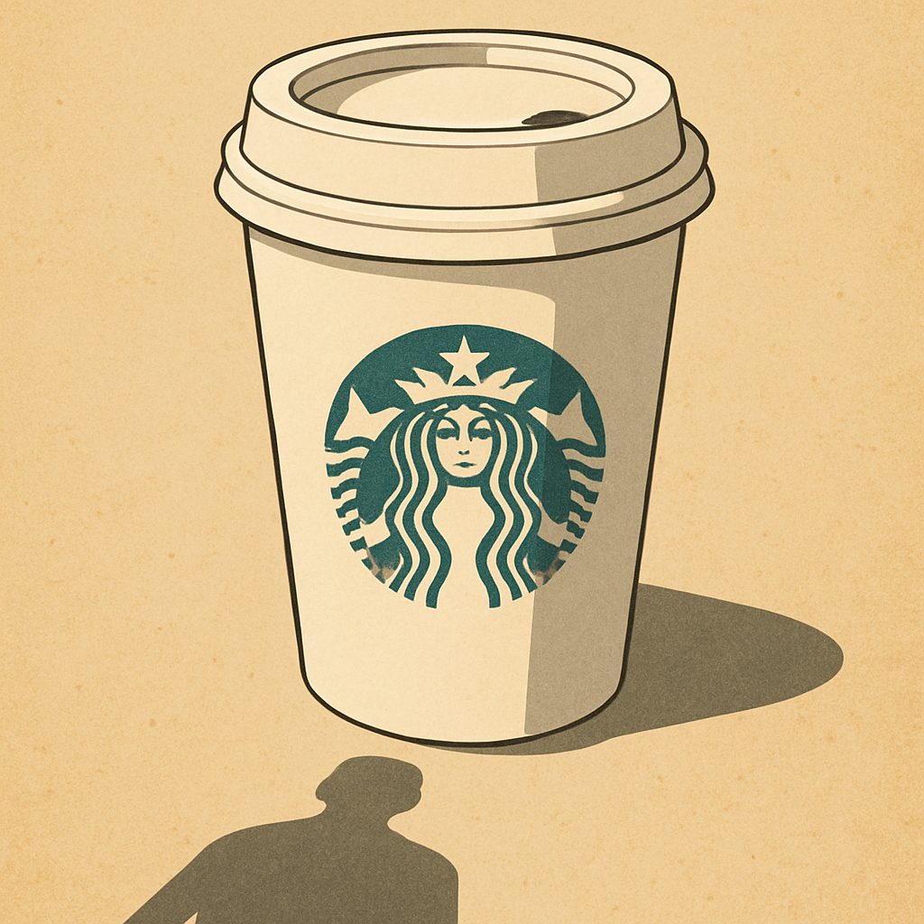 스타벅스 컵이 클로즈업된 평온한 이미지 뒤로, 땅 위에 길게 드리운 한 사람의 그림자 이미지