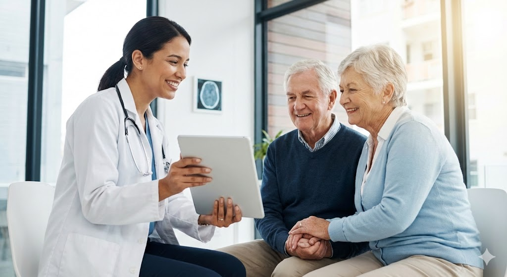 다정한 의사가 노부부에게 태블릿으로 치매 검사 결과를 설명하는 따뜻한 사진