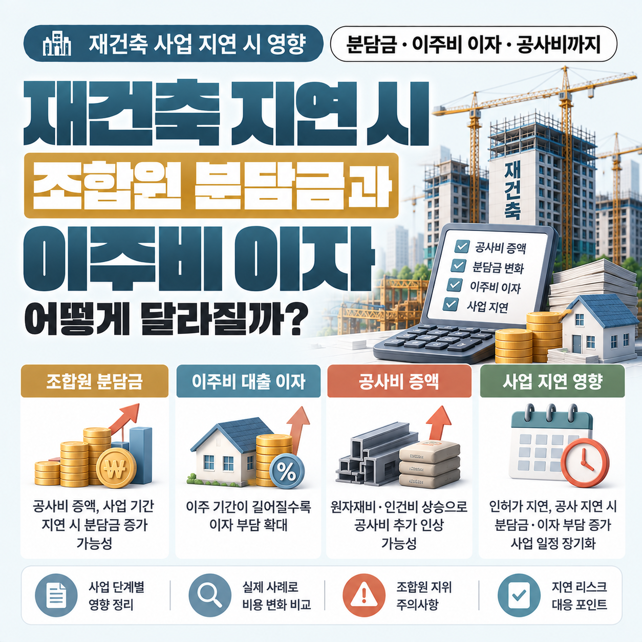재건축 사업 지연으로 조합원 분담금과 이주비 이자 부담을 따져보는 모습