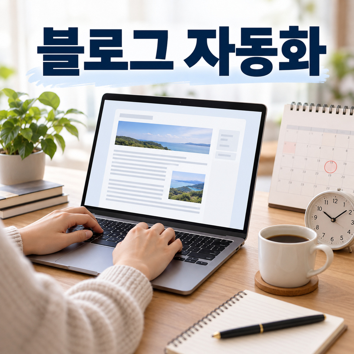 노트북에서 블로그 원고를 작성하며 책상 위 달력으로 발행 일정을 관리하는 모습