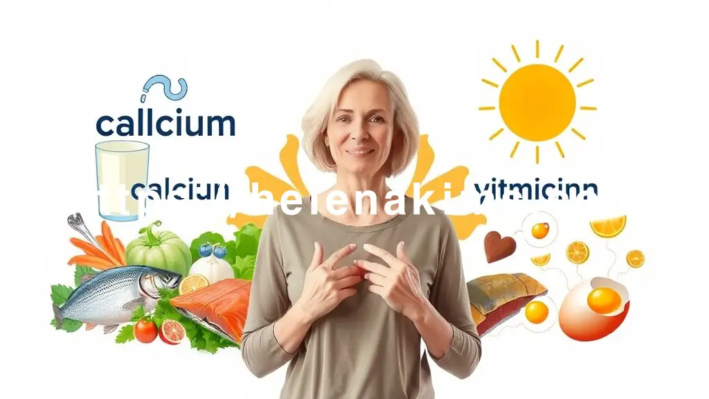 밝은 배경 위에 중년 여성. 칼슘과 비타민 D를 상징하는 시각적 요소들을 조화롭게 배치. 칼슘 구역에는 우유, 녹색 잎채소, 뼈째 먹는 생선이, 비타민 D 구역에는 따뜻한 햇살, 연어, 달걀 노른자 등이 배열되어 있다.